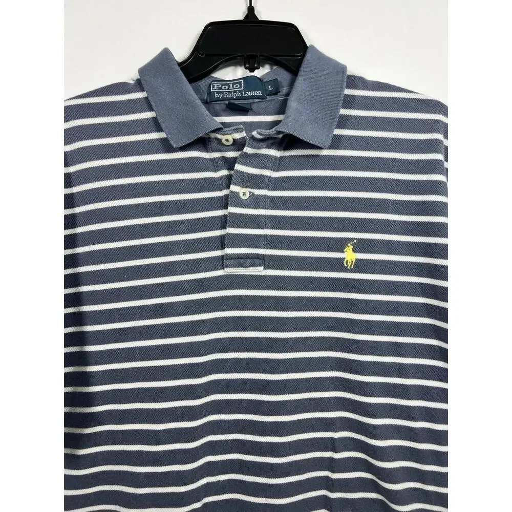 Polo Ralph Lauren Mens Polo Sz L Blue White Stripe Casual Preppy Collegiate